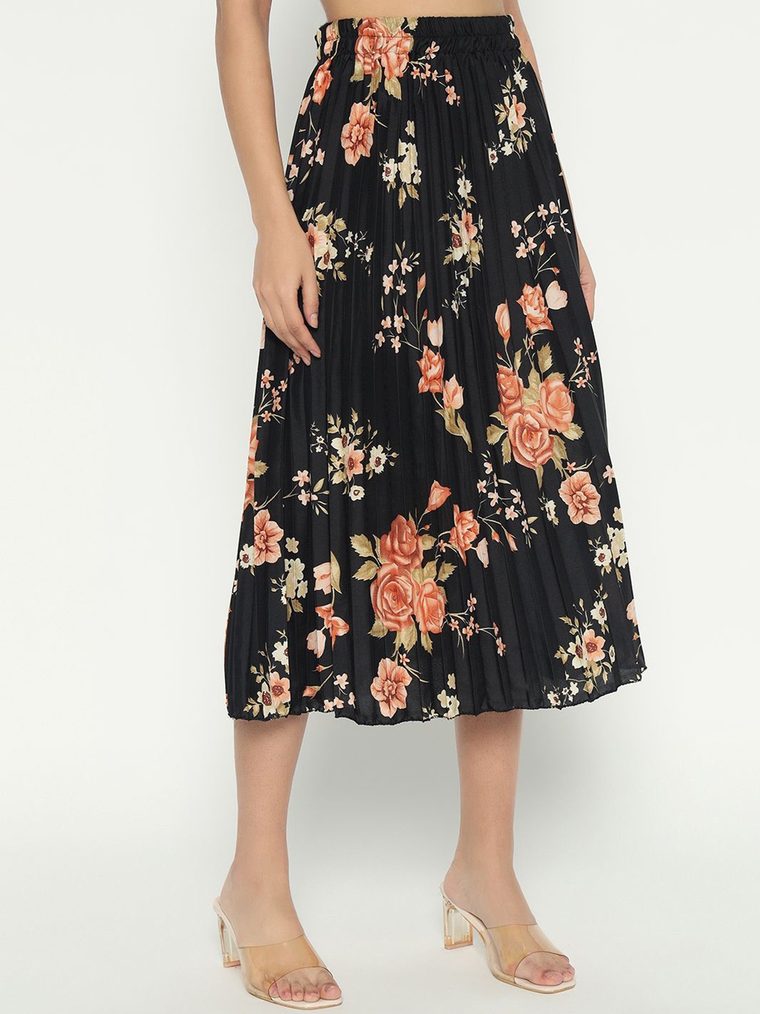 

Raiyani Enterprise Women Floral Printed Pleated Flared Midi Skirt, Black