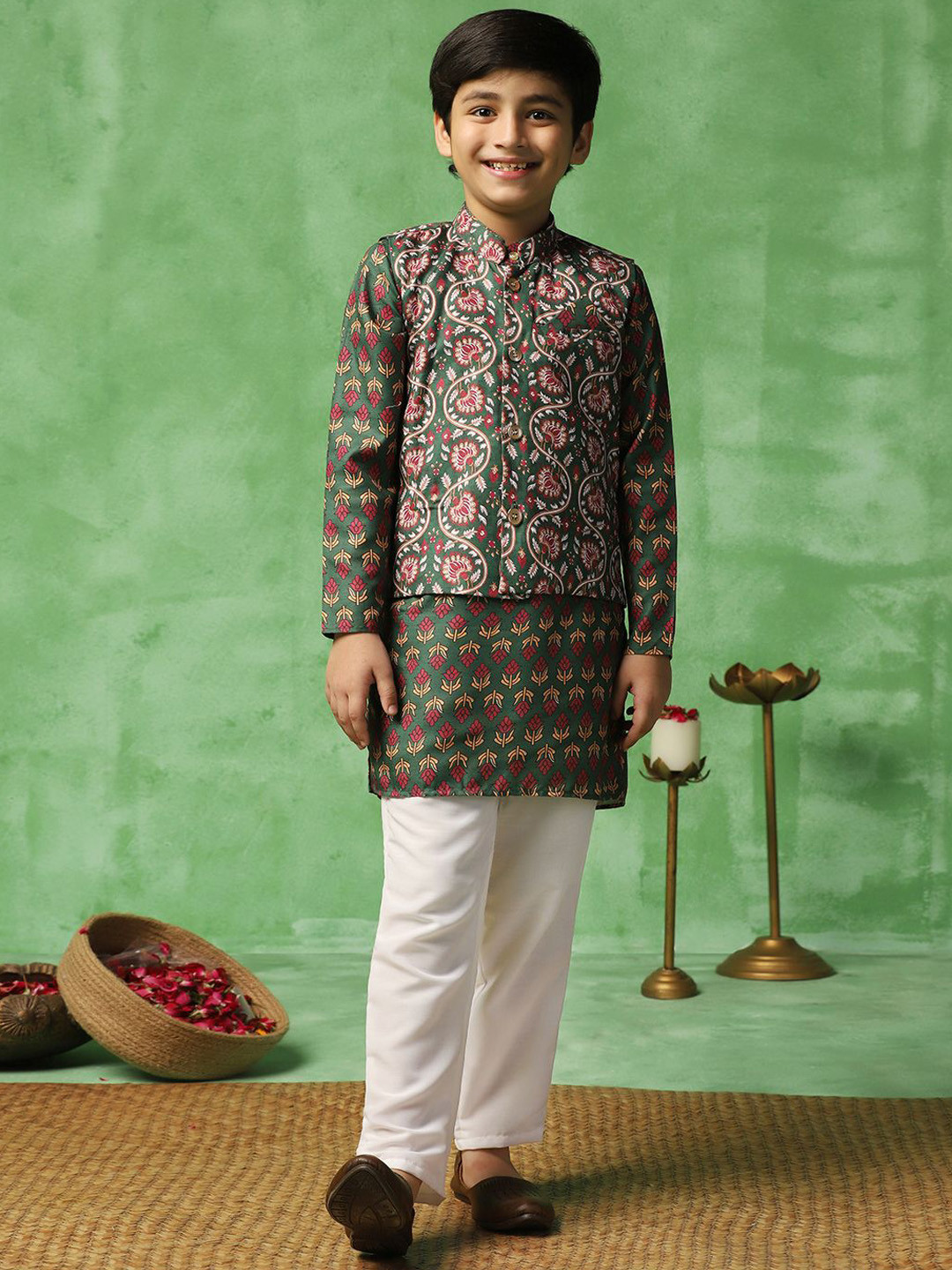 

FASHION DREAM Boys Floral Printed Band Collar Straight Kurta With Trousers & Waistcoat, Green