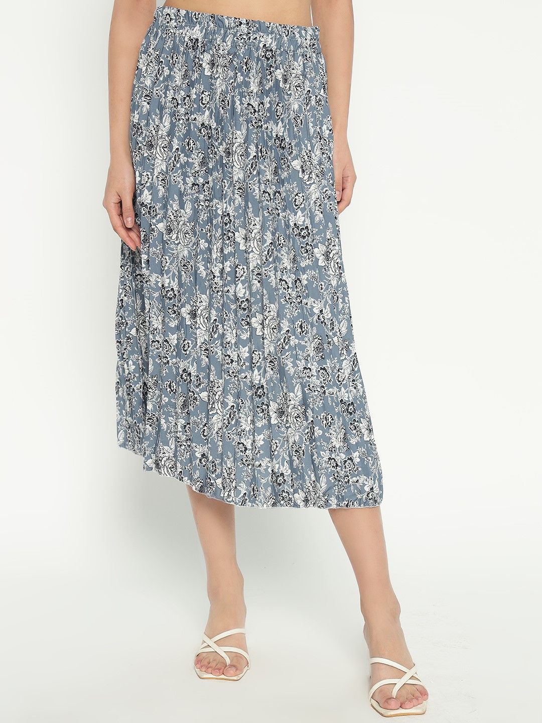 

Raiyani Enterprise Women Floral Printed Pleated Midi A-Line Skirt, Blue