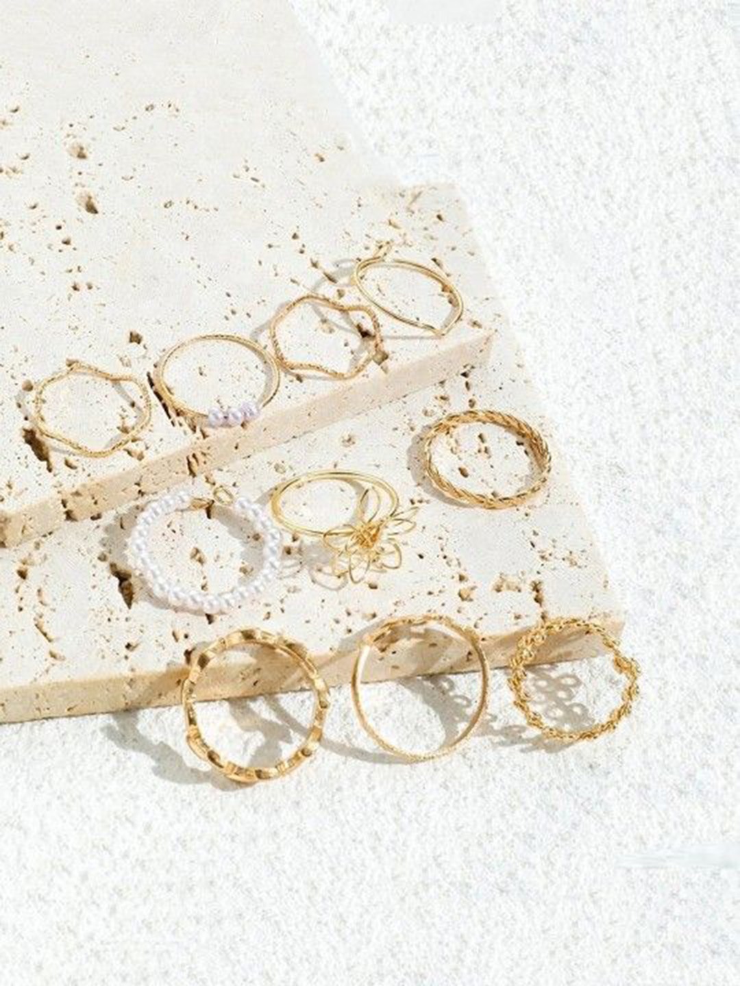 

DressBerry Set Of 10 Gold-Plated Stainless Steel Stone-Studded Adjustable Finger Ring
