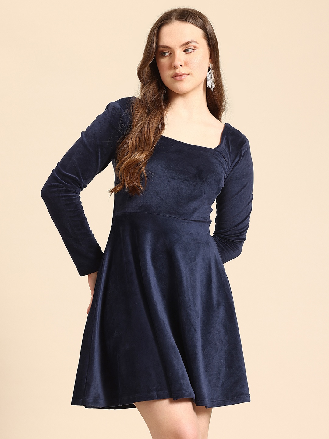 

Qurvii Square Neck Velvet Fit & Flare Dress, Navy blue