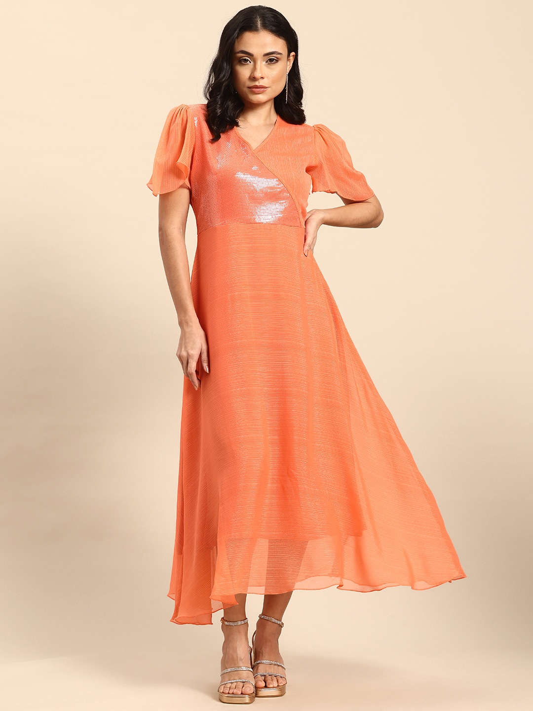 

Qurvii Flared Sleeves Georgette Midi Wrap Dress With Sequinned Detail, Orange