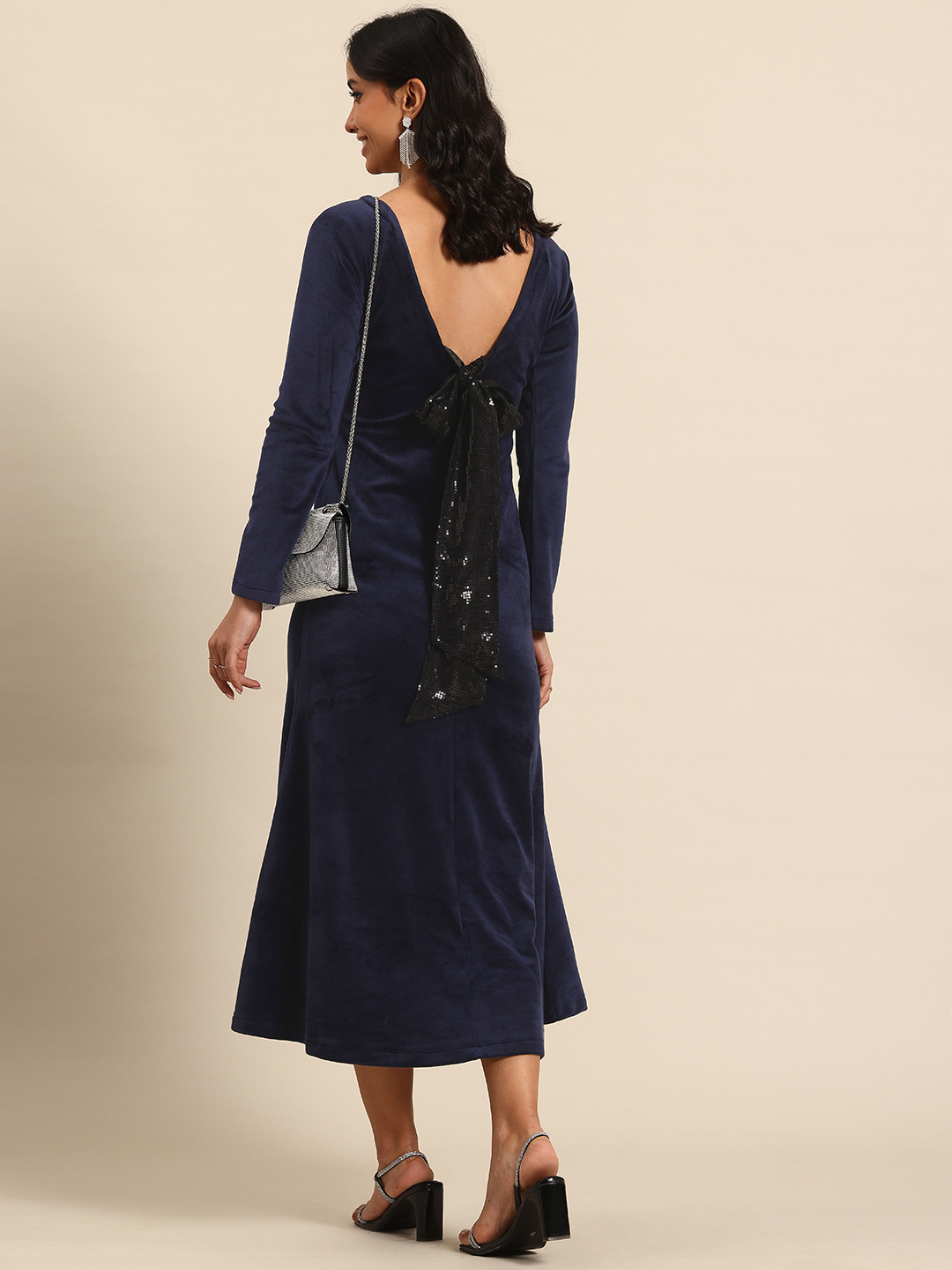 

Qurvii Velvet Sequined Bow A-Line Midi Dress, Navy blue