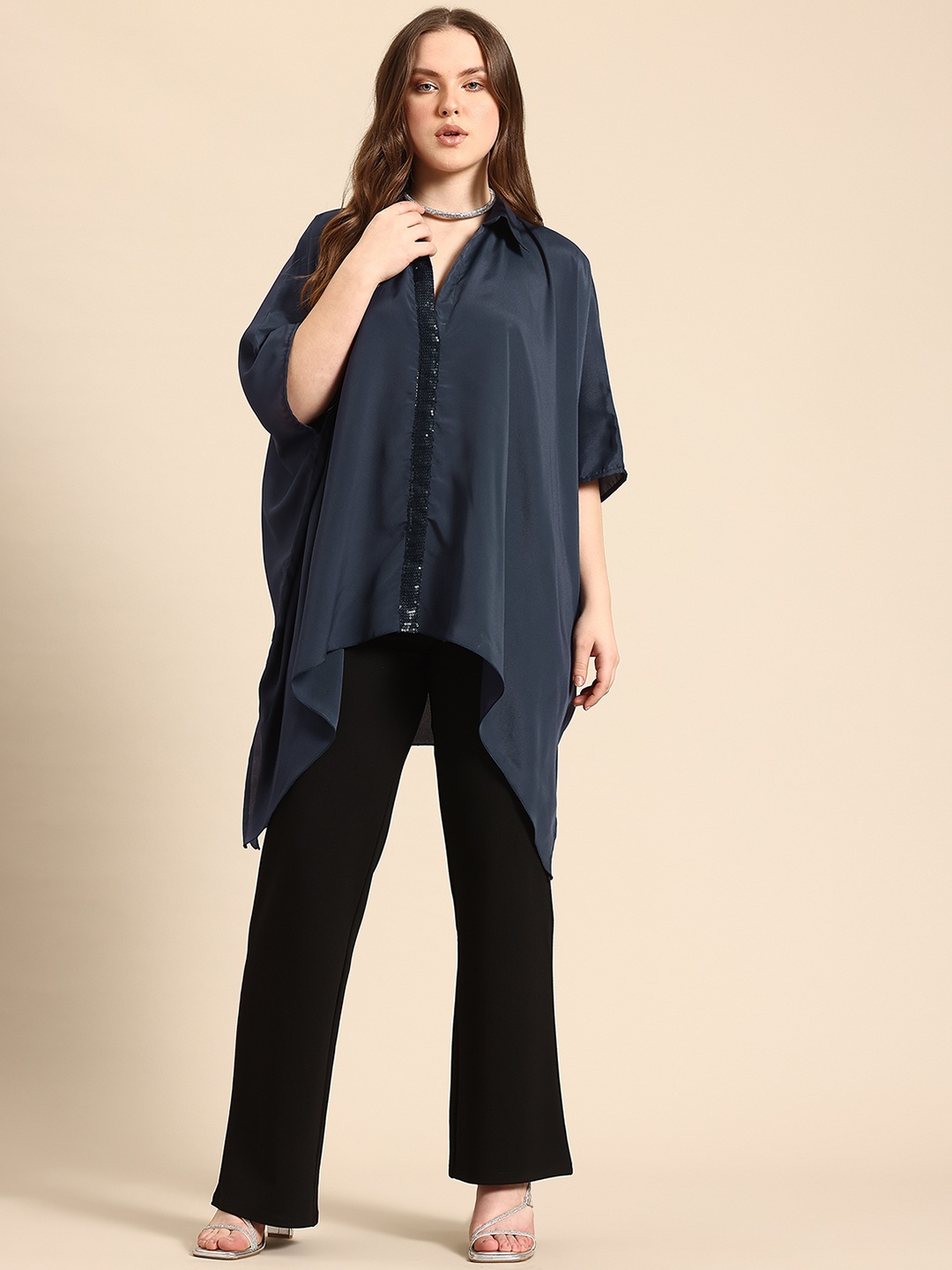 

Qurvii Women Comfort Kaftan Silk Party Top with Sequinned Detail, Navy blue