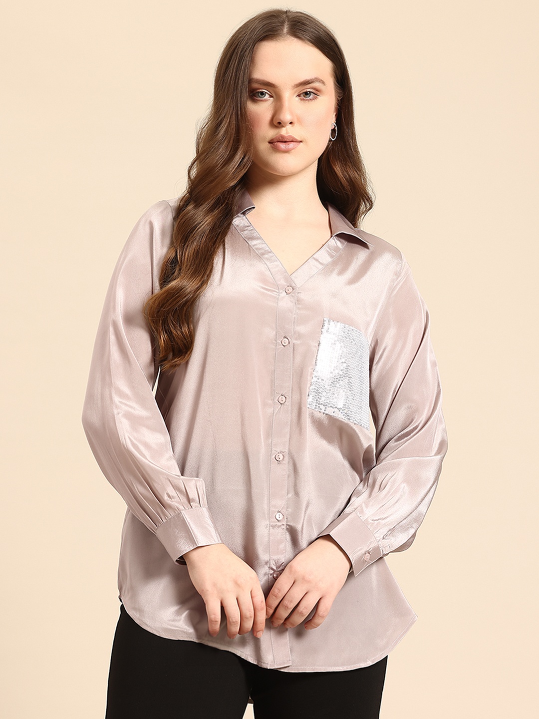 

Qurvii Women Solid Comfort Silk Party Shirt with Sequin Details, Grey