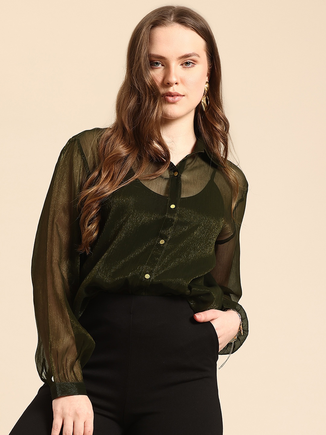 

Qurvii Women Comfort Sheer Georgette Party Shirt, Olive