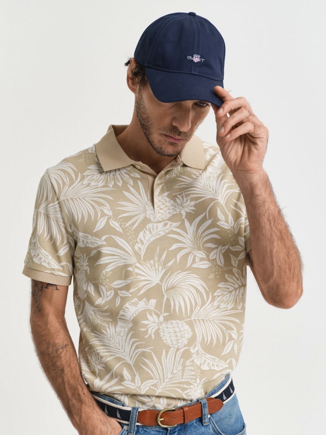 

GANT Men Floral Printed Polo Collar Cotton T-shirt, Beige