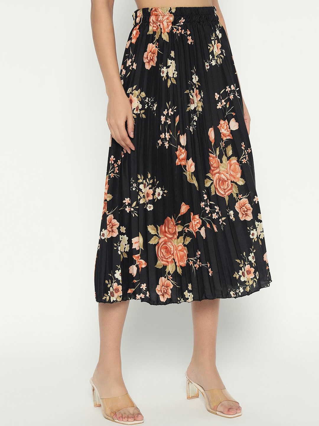 

Femvy Floral Printed Flared Midi Skirt, Gold