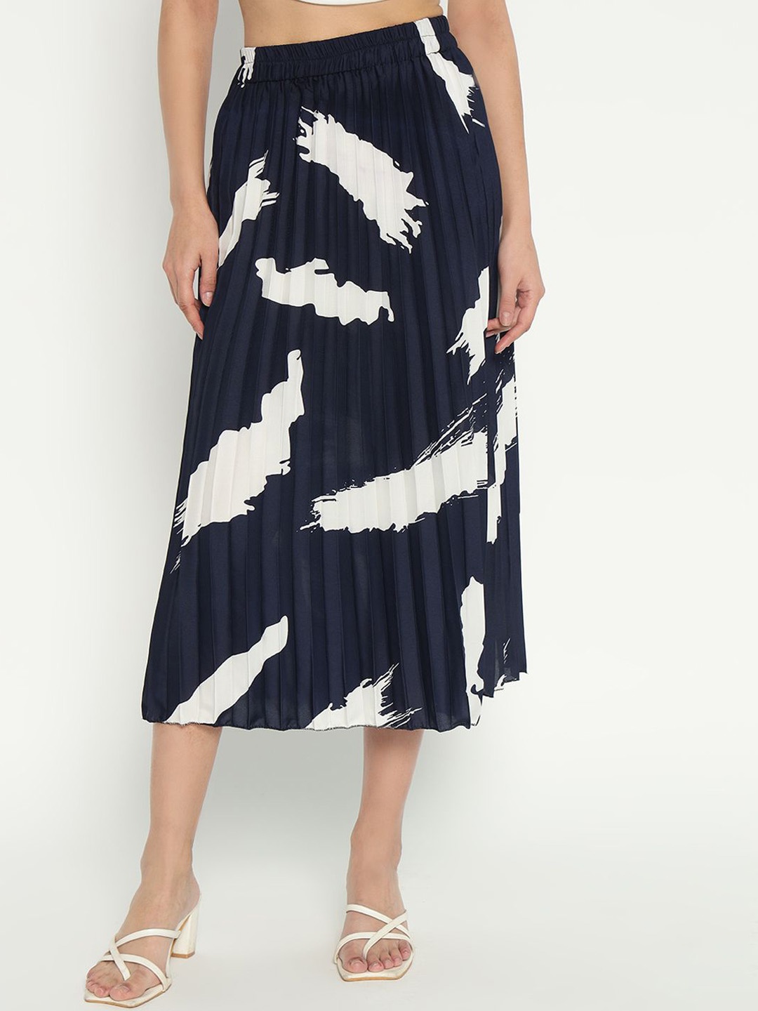 

Femvy Women Abstract Printed Flared Midi Skirt, Navy blue