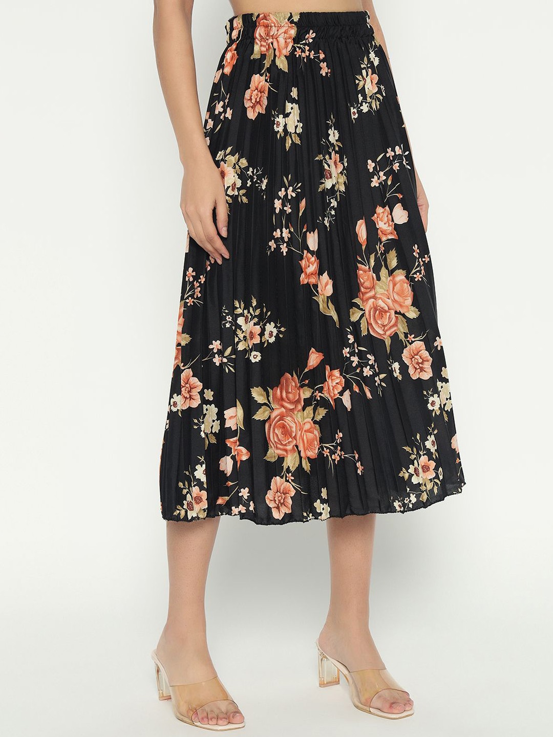 

Femvy Women Floral Printed Pleated A-Line Midi Skirt, Black