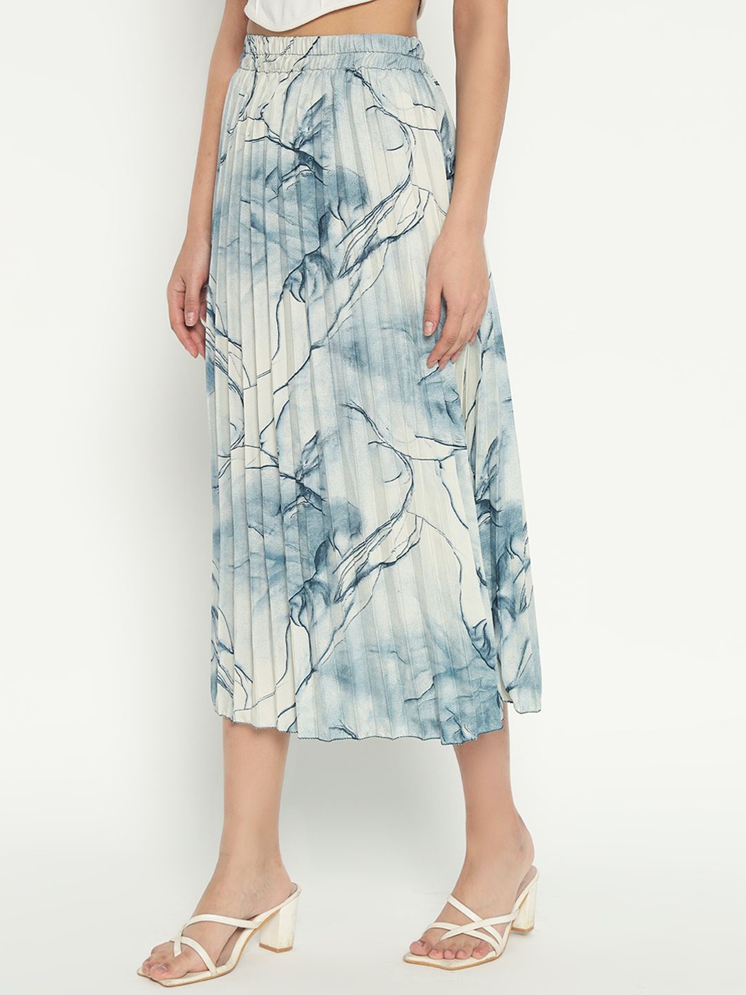 

Femvy Women Printed Pleated Midi Flared Skirt, White