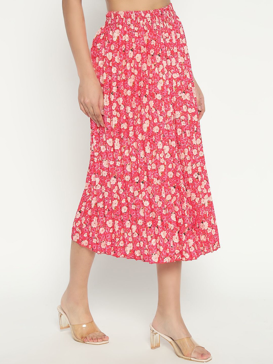 

Femvy Floral Printed Flared Midi Skirt, Peach