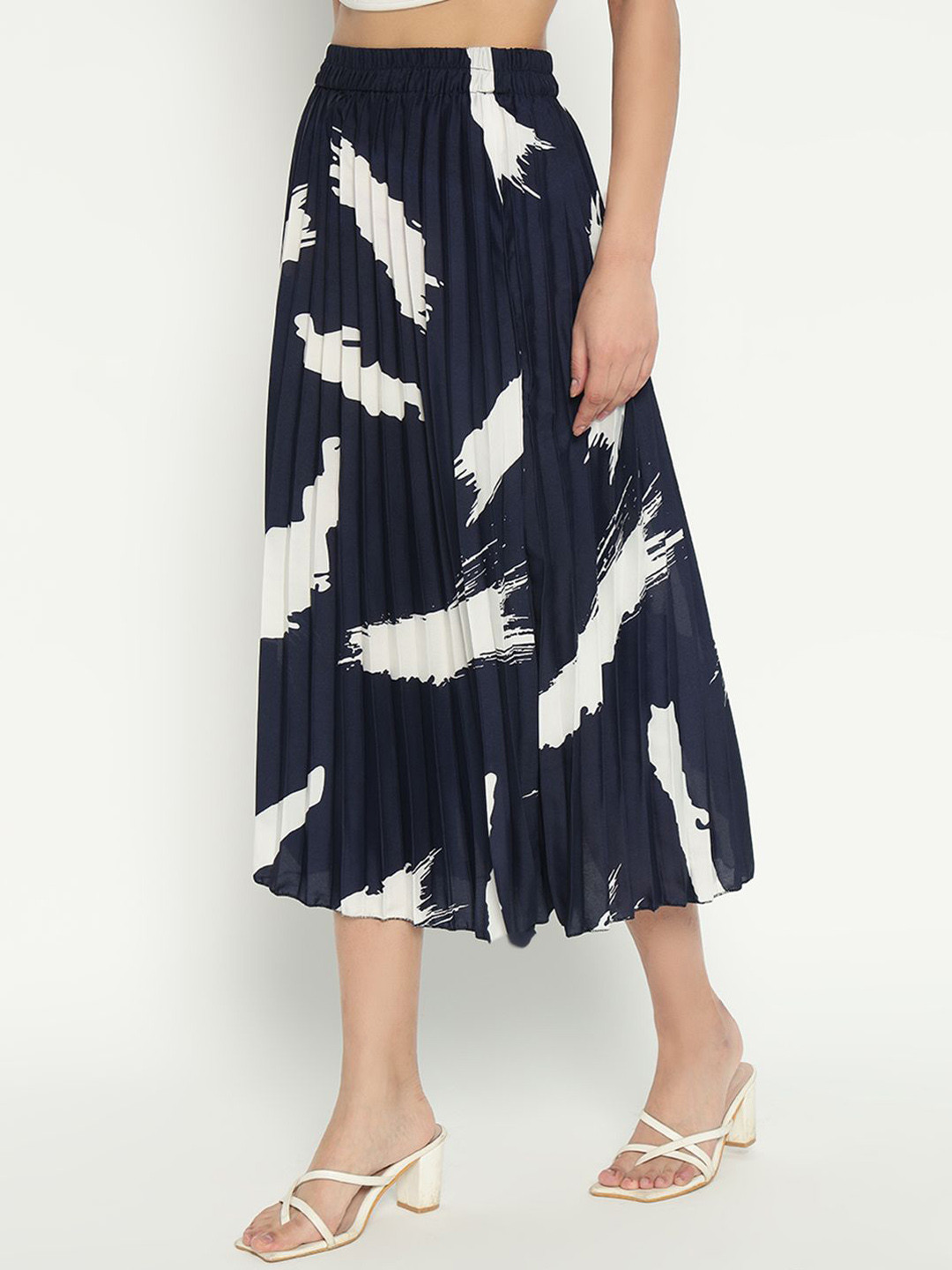 

Femvy Women Abstract Printed Pleated Midi A-Line Skirt, Navy blue