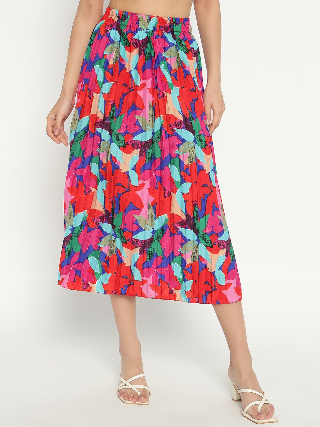 

Femvy Women Floral Printed Accordion Pleats A-Line Skirt, Pink