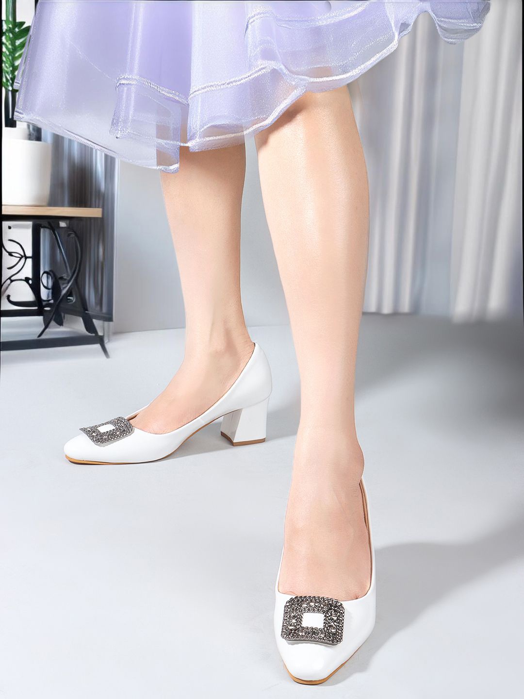 

CORSICA Embellished Block Heel Pumps, White