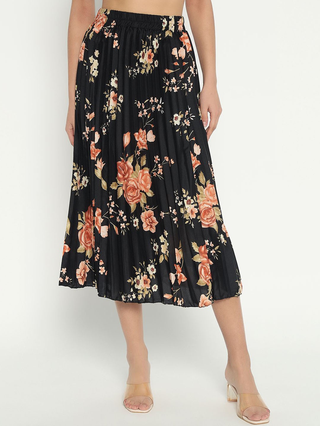 

Femvy Women Floral Printed Pleated Flared Midi Skirt, Black