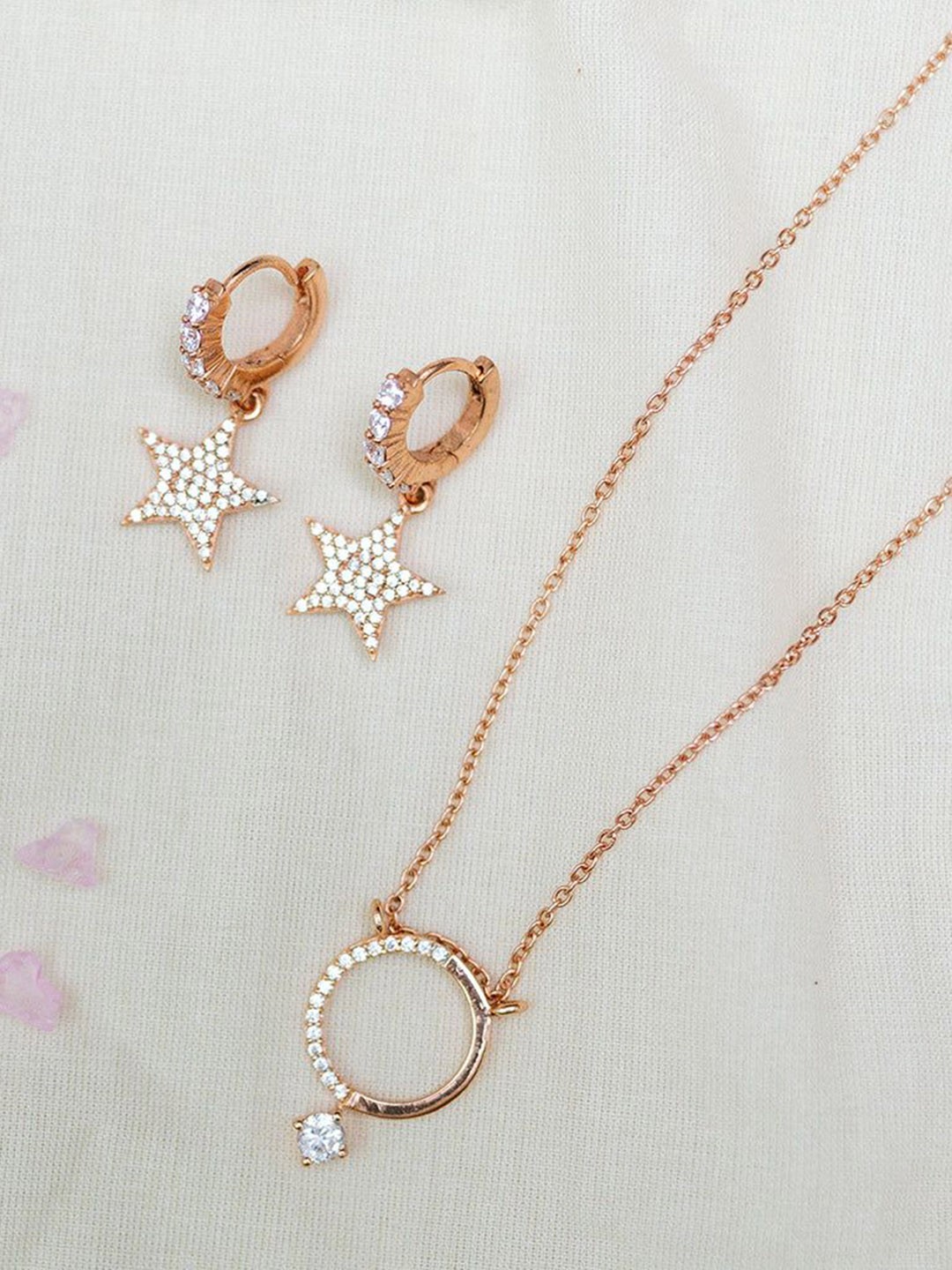 

Ruhaani Sterling Silver Rose Gold-Plated CZ Stone-Studded Celestial Jewellery Set