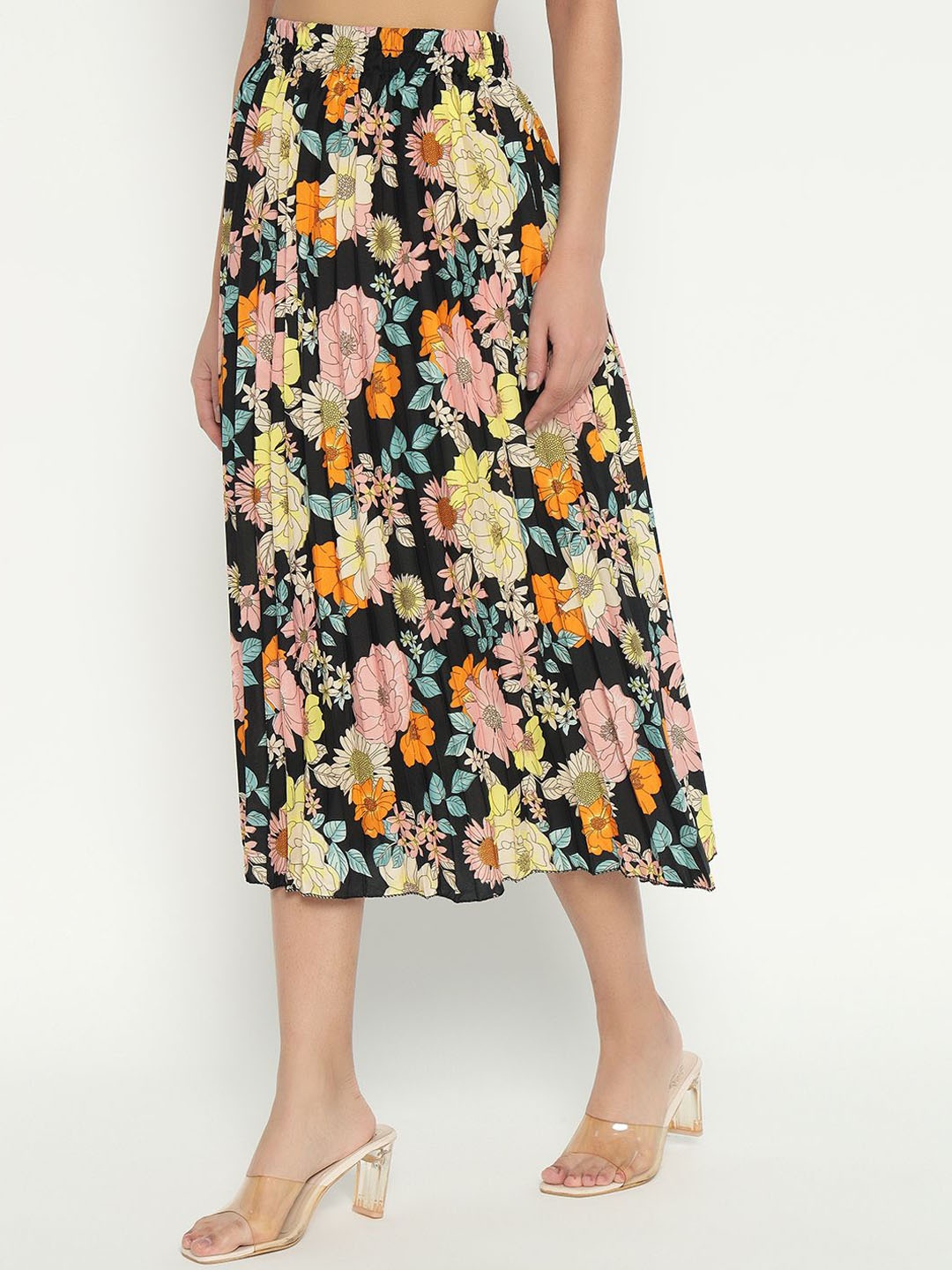 

Femvy Floral Printed Flared Midi Skirt, Yellow