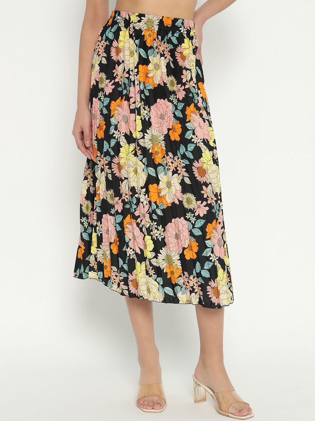 

Femvy Women Floral Printed Accordion Pleats A-Line Skirt, Yellow