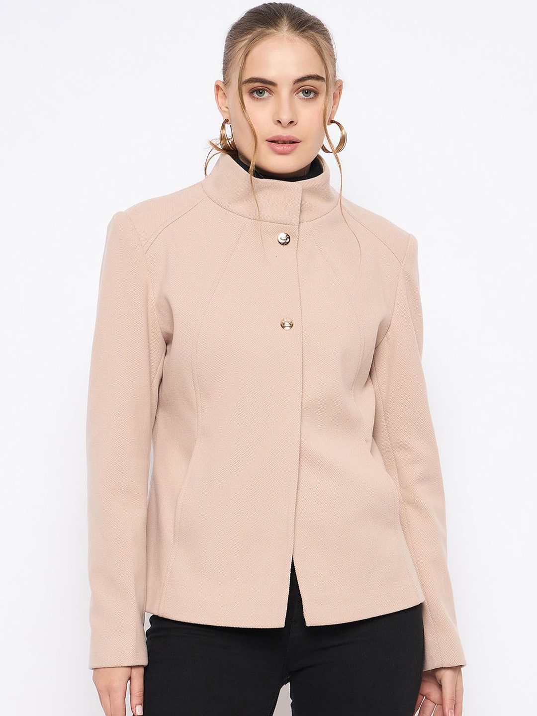 

Madame Women Mock Collar Single Breasted Coat, Beige