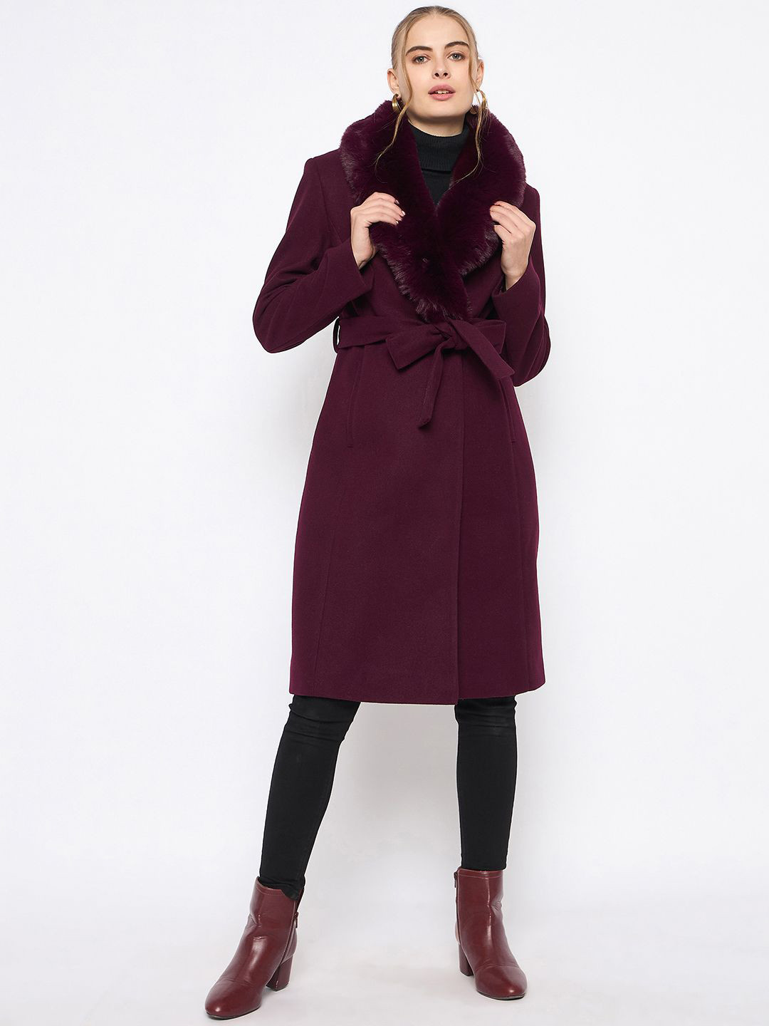 

Madame Women Notched Lapel Single-Breasted Long Coat, Maroon