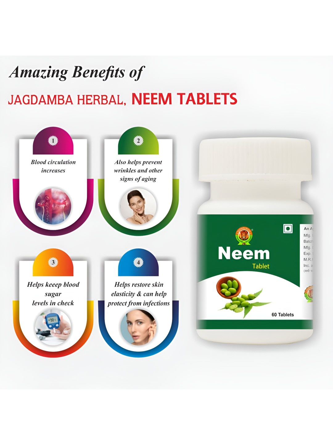 

Jagdamba Herbal Neem 500mg Tablets For Skin Care & Immunity Booster - 60 Tablets, White