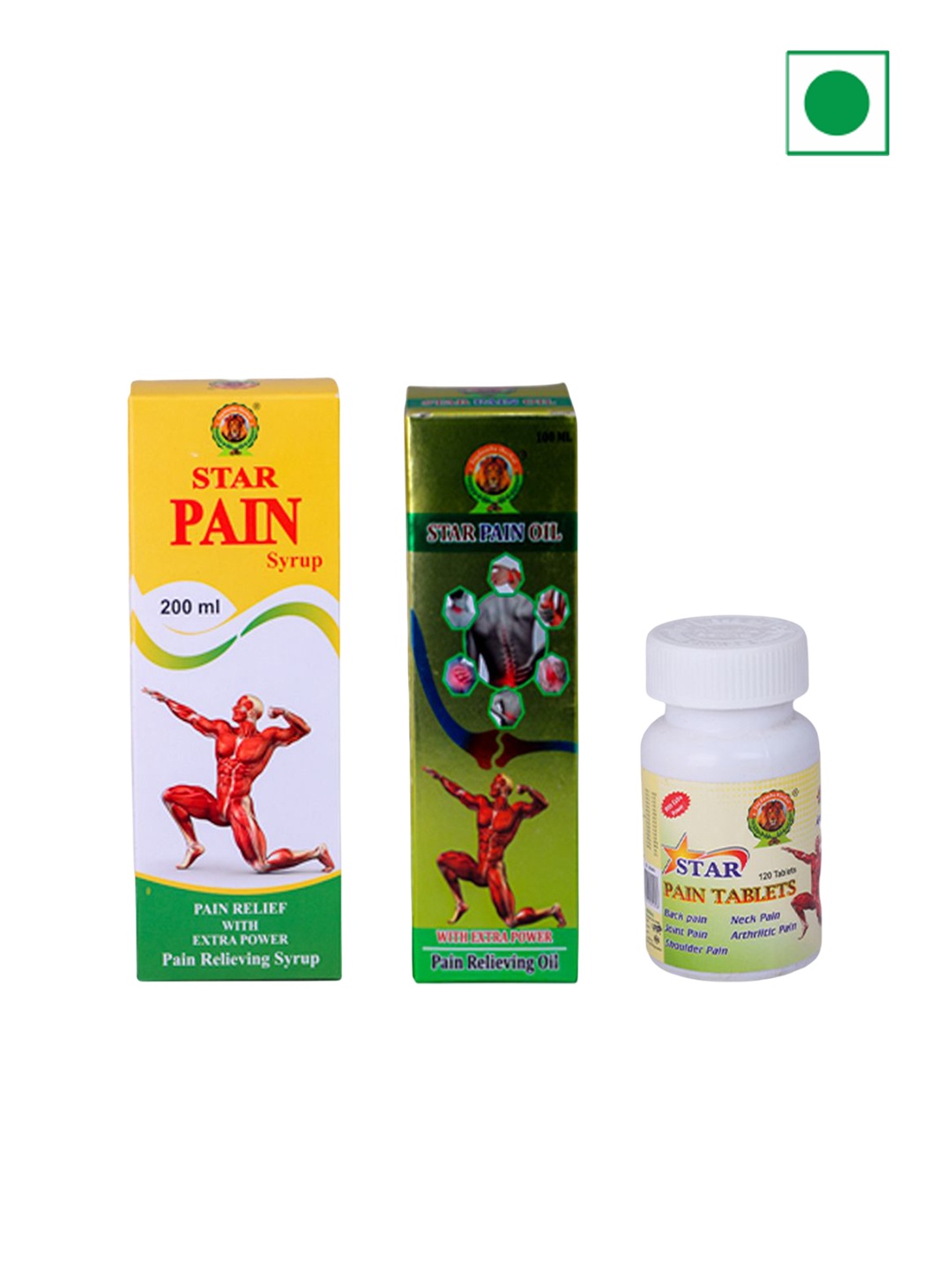 

Jagdamba Herbal Star Pain Relief 100 ml, Pain Tablet -120 Tablet & Star Pain Syrup 200 ml, Yellow