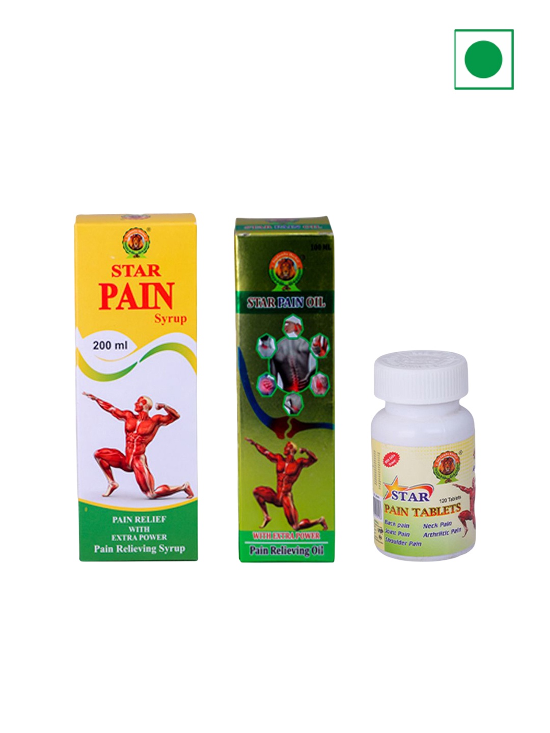 

Jagdamba Herbal Set Of 3 Star Pain Oil, Tablets & Syrup, Yellow