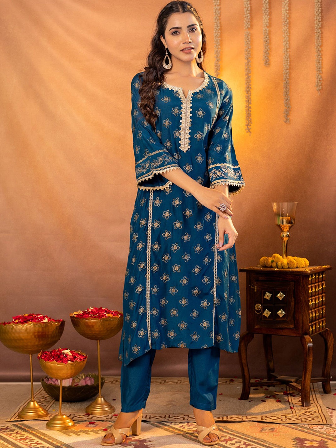 

KASYA Printed Notch Neck Tunic With Trouser, Teal