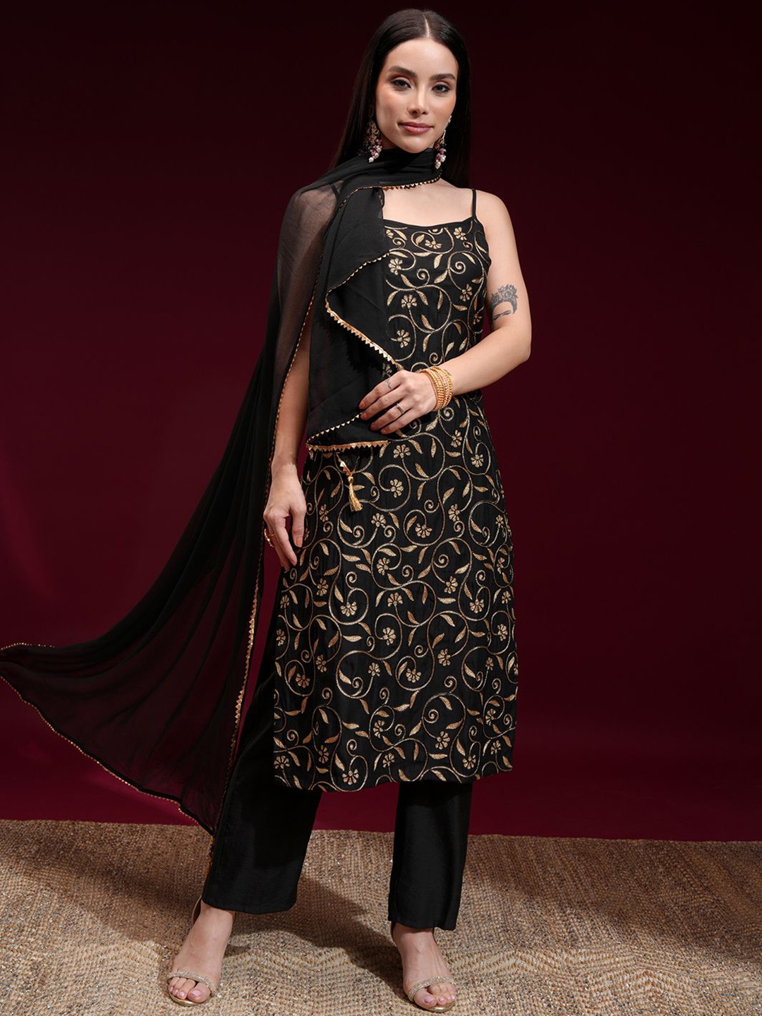 

Vishudh Women Embroidered Kurta with Elasticated Pants and Dupatta, Black