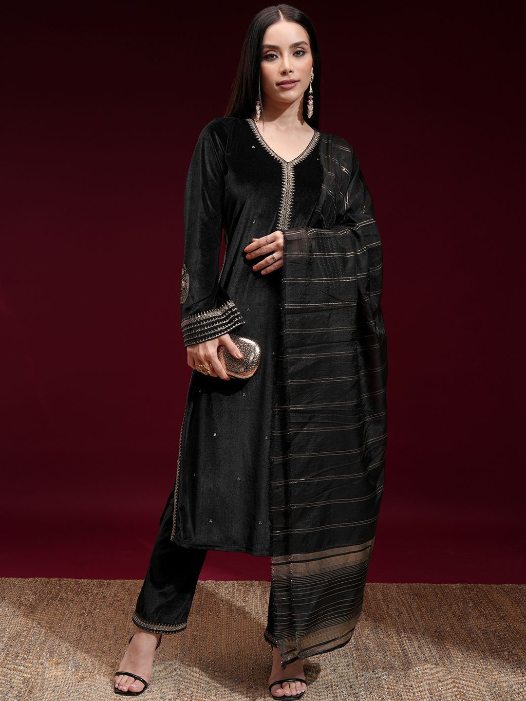 

Vishudh Women Embroidered Velvet Straight Kurta with Slim Palazzo and Dupatta, Black