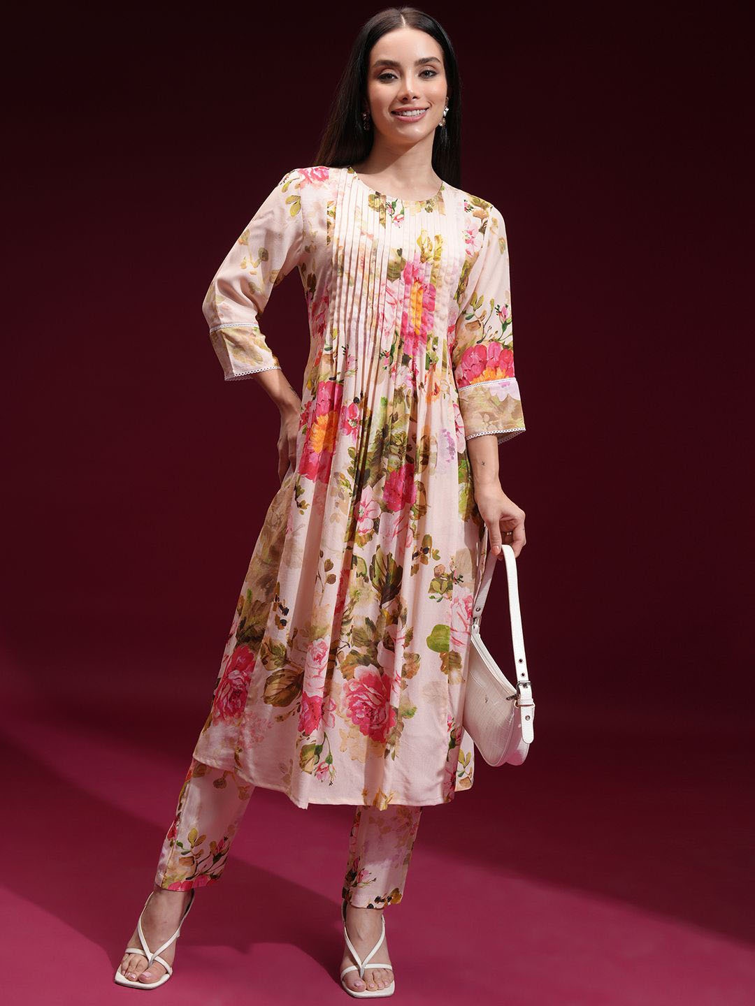 

Vishudh Floral Printed Pin Tucks Design A-Line Kurta With Trousers, Cream