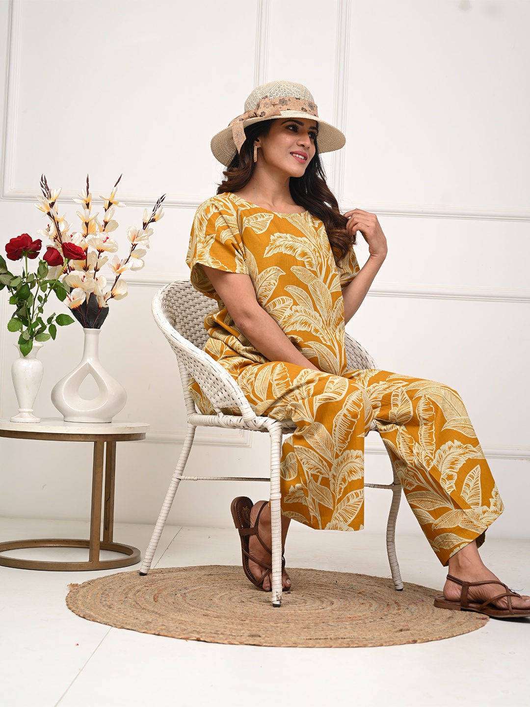 

Rimeline Printed Pure Cotton Tunic With Palazzo, Mustard