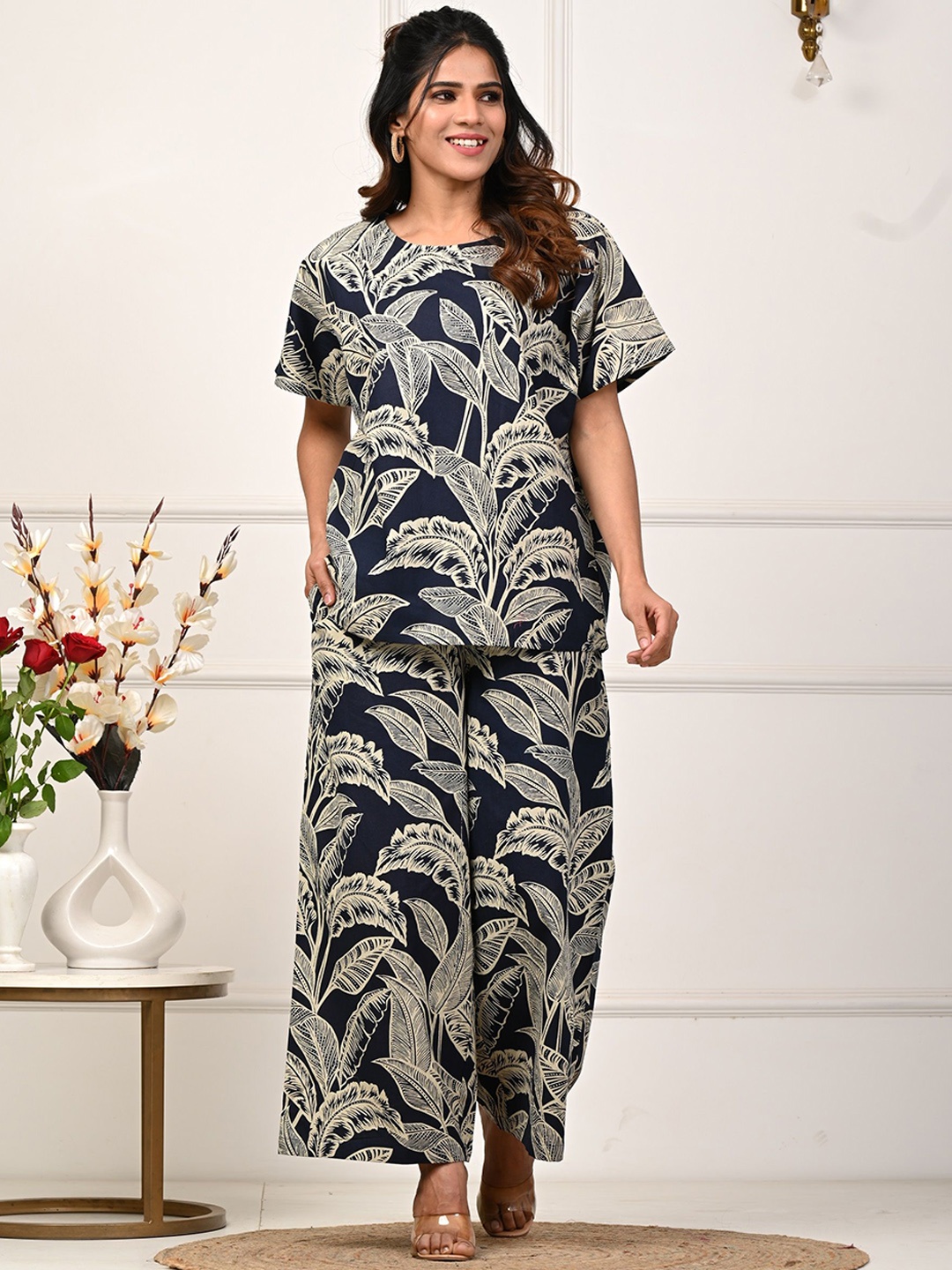 

Rimeline Printed Pure Cotton Tunic With Palazzo, Navy blue