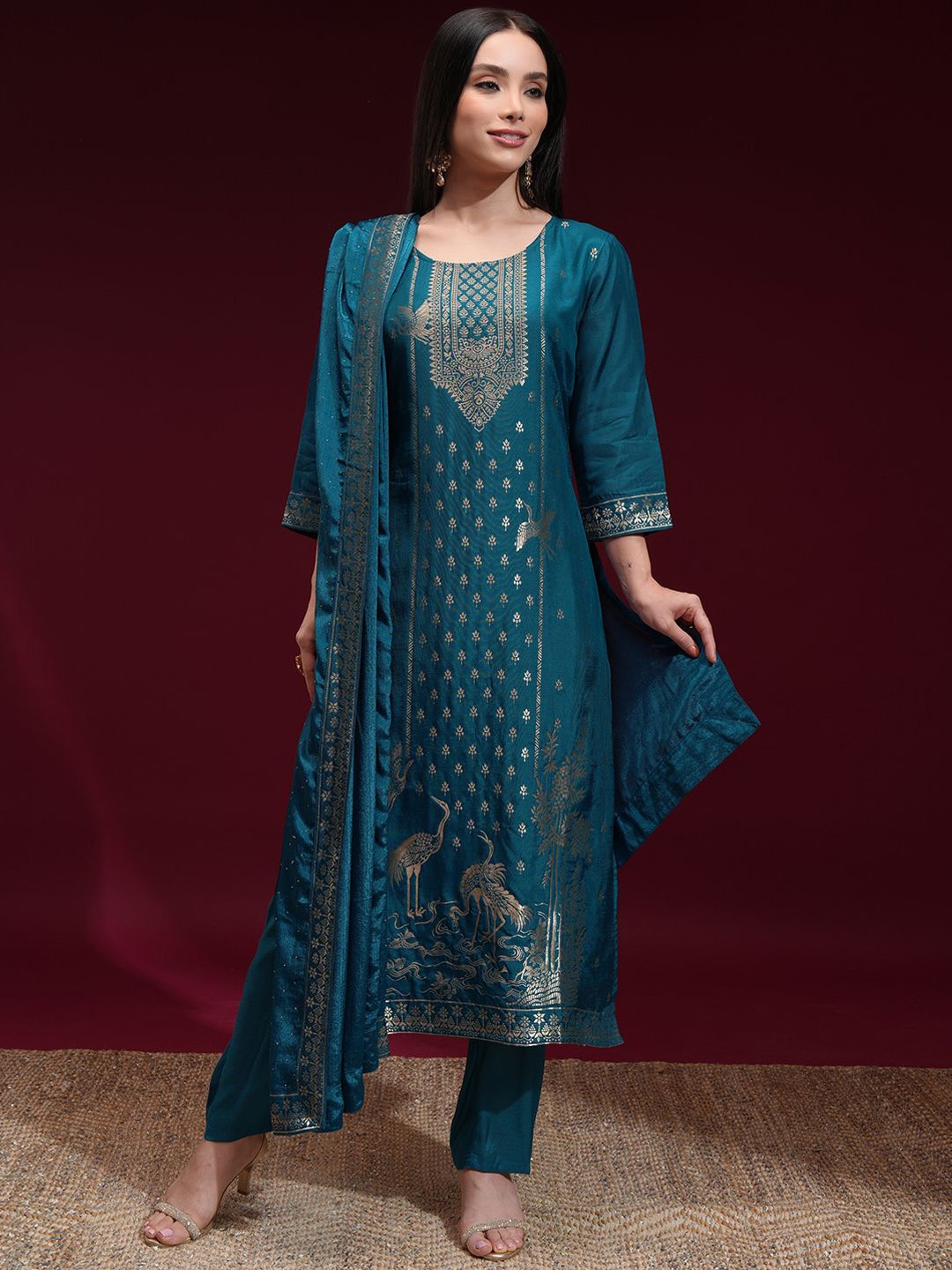 

Vishudh Ethnic Motifs Woven Design Straight Kurta With Trousers And Dupatta, Teal