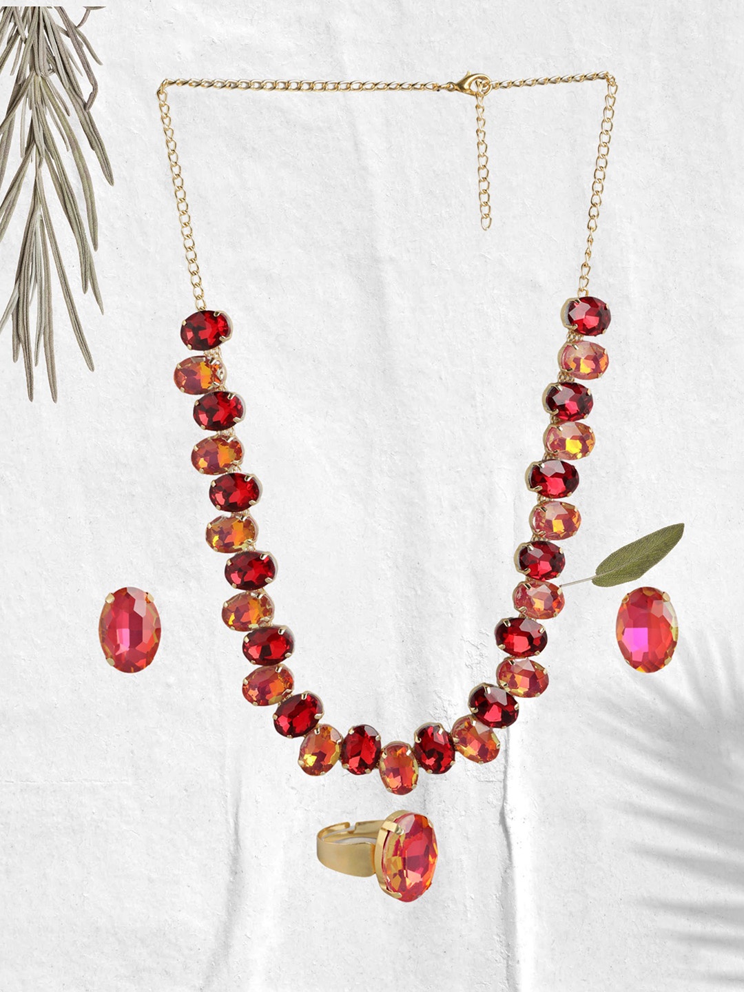 

ORANGENYSHA 18K Gold Plated Stone Studded Necklace and Earrings With Finger Ring