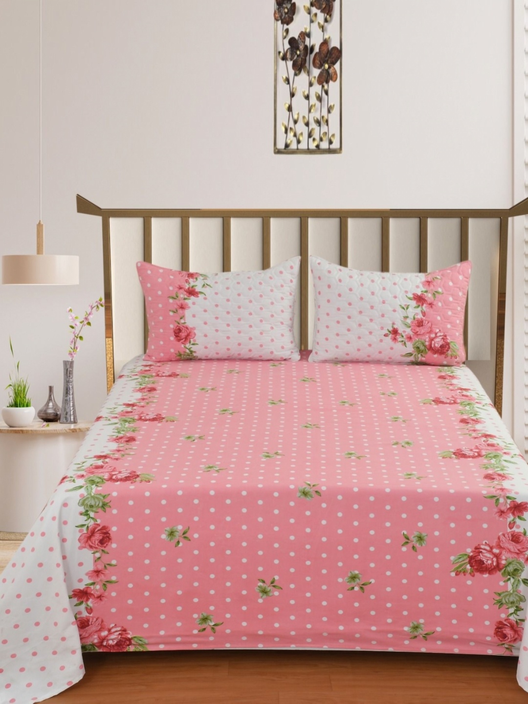 

Aura Daffodil Pink & Green Floral 400 TC King Bedsheet Set 2.28 m X 2.25 m