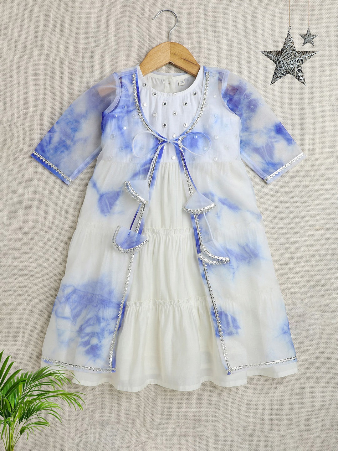 

The Magic Wand Girls Tie and Dye Embroidered Fit and Flare Ethnic Dress With Shrug, White