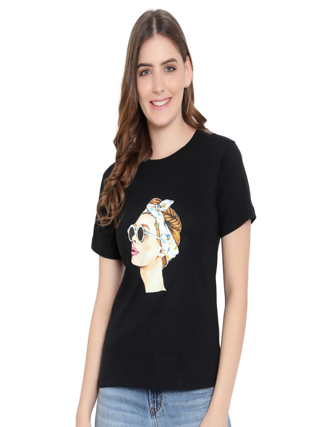 

DEEPMAYRA COLLECTION Women Graphic Printed Round Neck Cotton T-shirt, Black