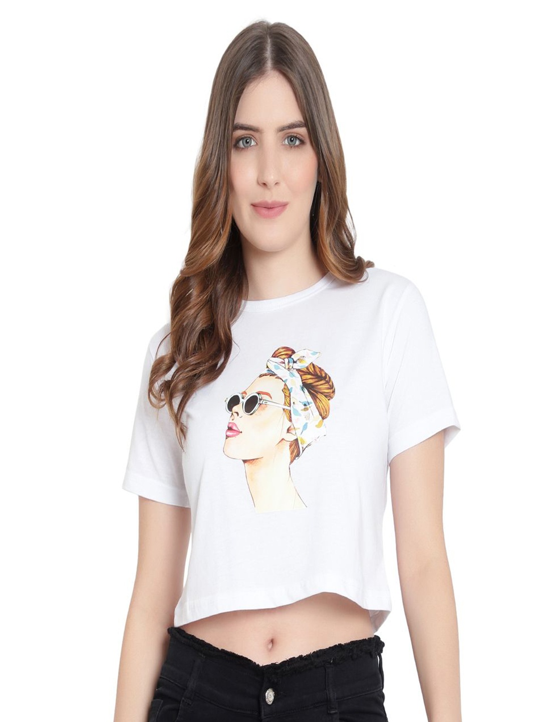 

DEEPMAYRA COLLECTION Women Graphic Printed Round Neck Cotton T-shirt, White