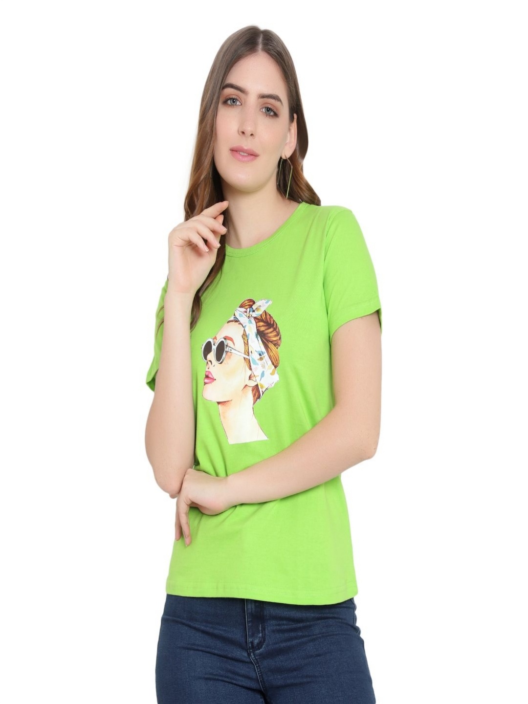 

DEEPMAYRA COLLECTION Women Graphic Printed Round Neck Cotton T-shirt, Lime green