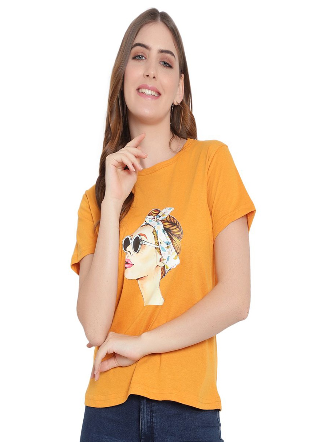 

DEEPMAYRA COLLECTION Women Graphic Printed Round Neck Cotton T-shirt, Mustard