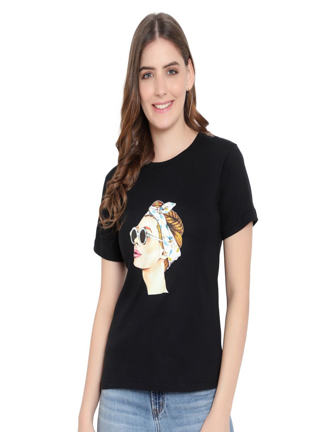 

DEEPMAYRA COLLECTION Women Graphic Printed Round Neck Cotton T-shirt, Black