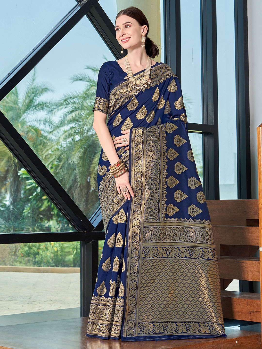 

KALINI Floral Woven Design Zari Banarasi Saree, Navy blue