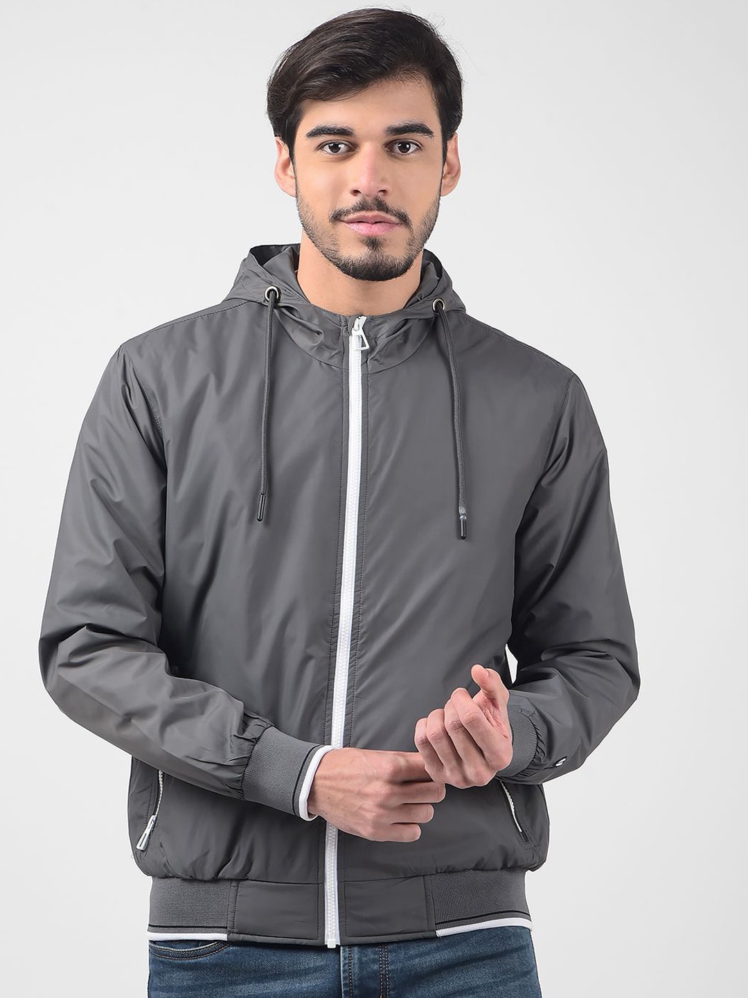 

Numero Uno Men Hooded Solid Casual Lightweight Bomber Jacket, Grey