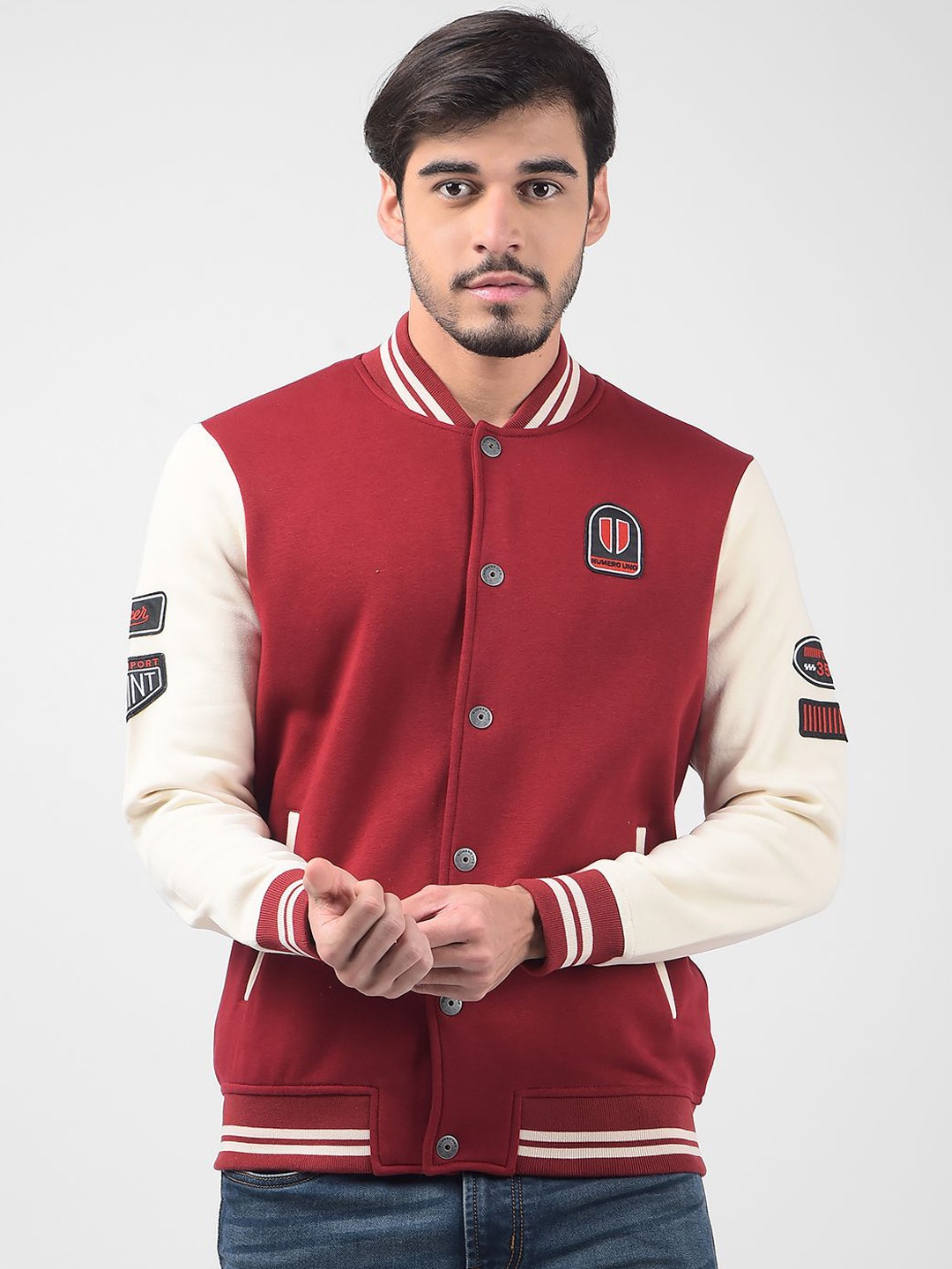 

Numero Uno Men Colourblocked Varsity Jacket with Patchwork, Red