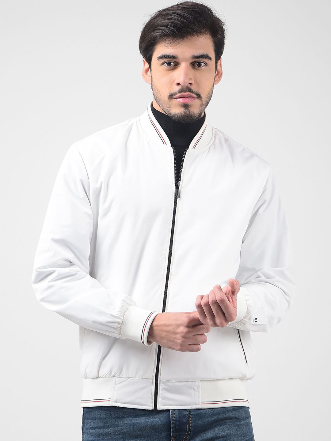 

Numero Uno Men Stand Collar Solid Casual Bomber Lightweight Jacket, White