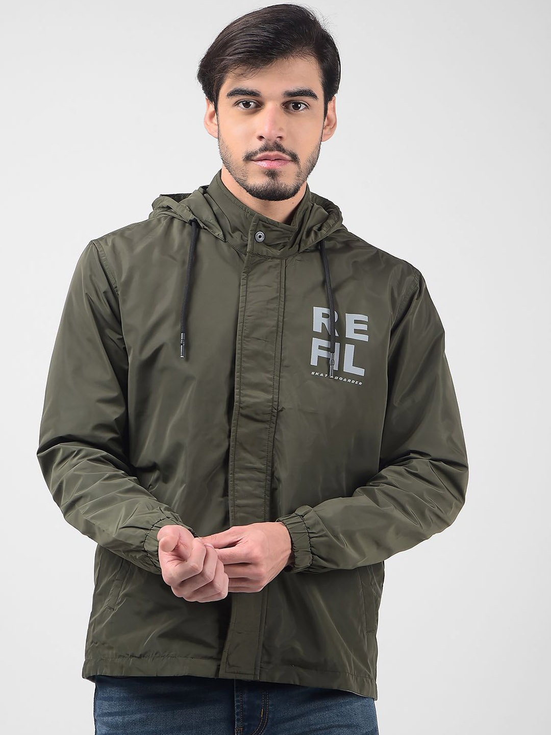 

Numero Uno Men Hooded Typography Printed Casual Lightweight Tailored Jacket, Olive