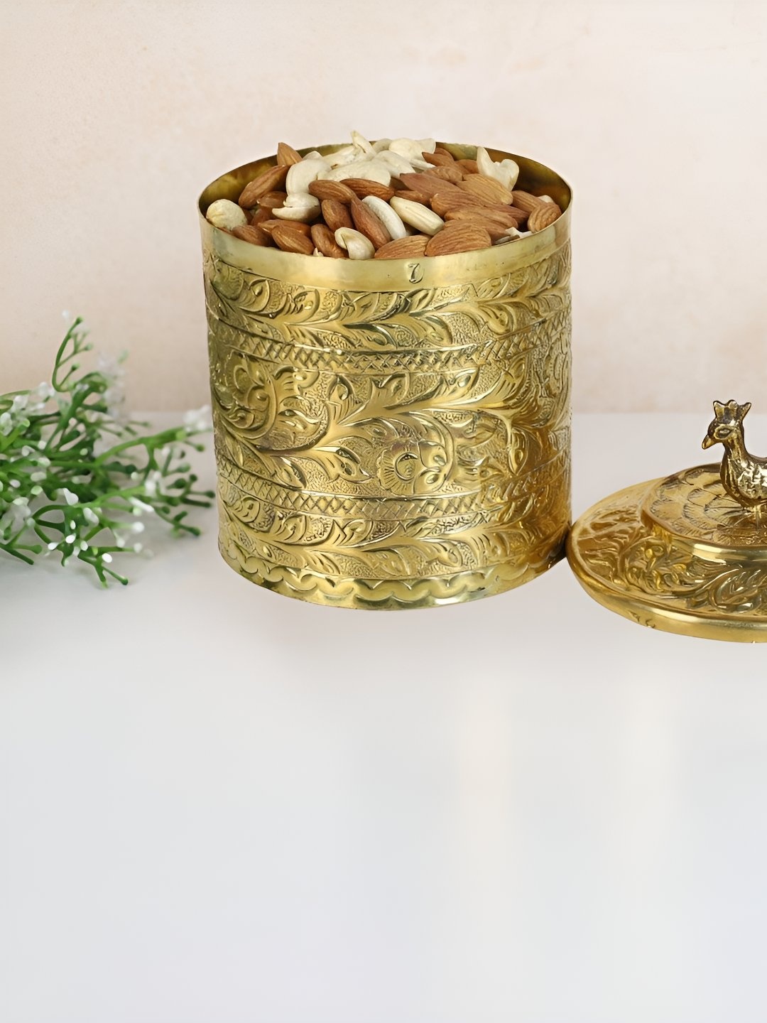 

THE HOME CO. Peacock Gold-Toned Textured Metal Easy to Clean Container Jar