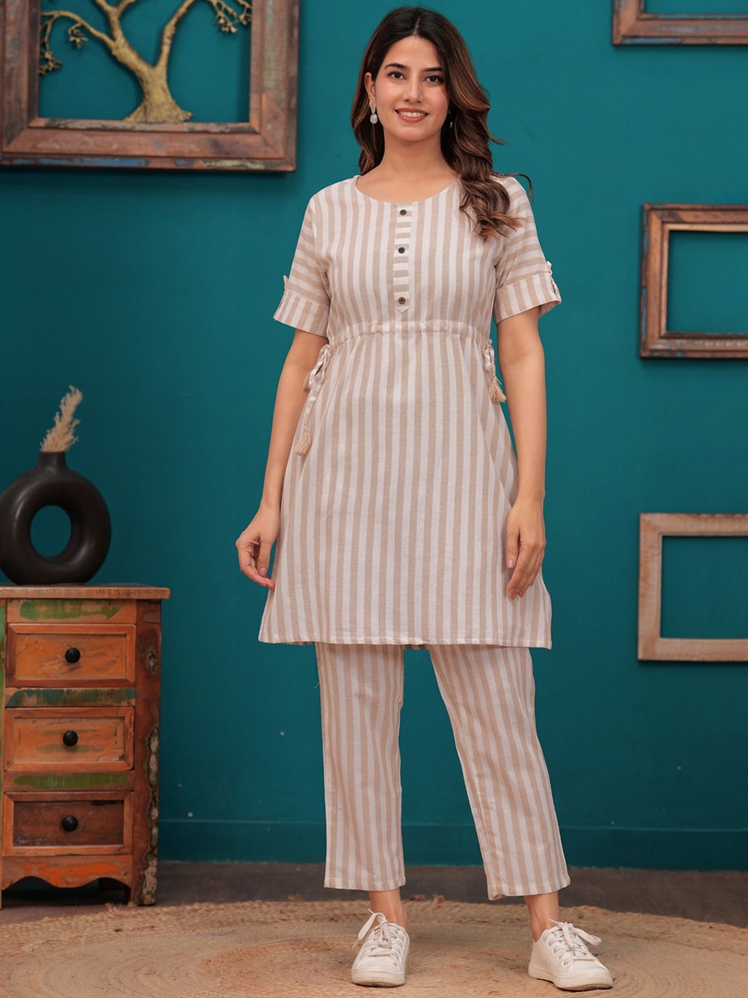 

SARAI CREATIONS Striped Round Neck Pure Cotton Tunic & Trouser, Beige